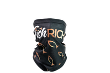 Load image into Gallery viewer, Front view of black gaiter mask with large logo over nose and large fish from logo pointing towards it
