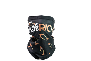 Front view of black gaiter mask with large logo over nose and large fish from logo pointing towards it